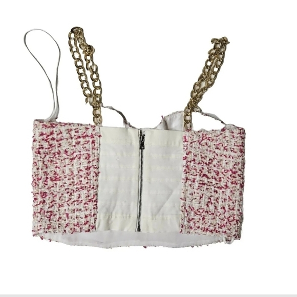 Alice + Olivia Cristi Chain Trimmed Cropped Tweed Bustier Top SZ 10 - Picture 3 of 5